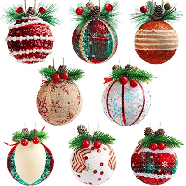 Belle Vous Verschiedene Christbaumkugeln Kunststoff Ornamente (8 STK) – 7,5 cm Retro Weihnachtskugeln aus Schaumstoff mit Künstlichen Deko Beeren,…