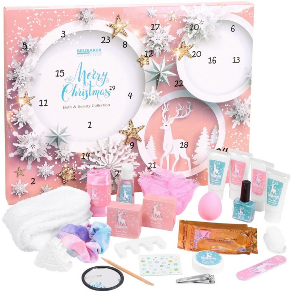 BRUBAKER Adventskalender XXL Beauty Weihnachtskalender 2023 – Sterne und Schneeflocken – Rosa (Pflege Produkte & Spa Accessoires, 24-tlg), Wellness Kalender Weihnachten für…