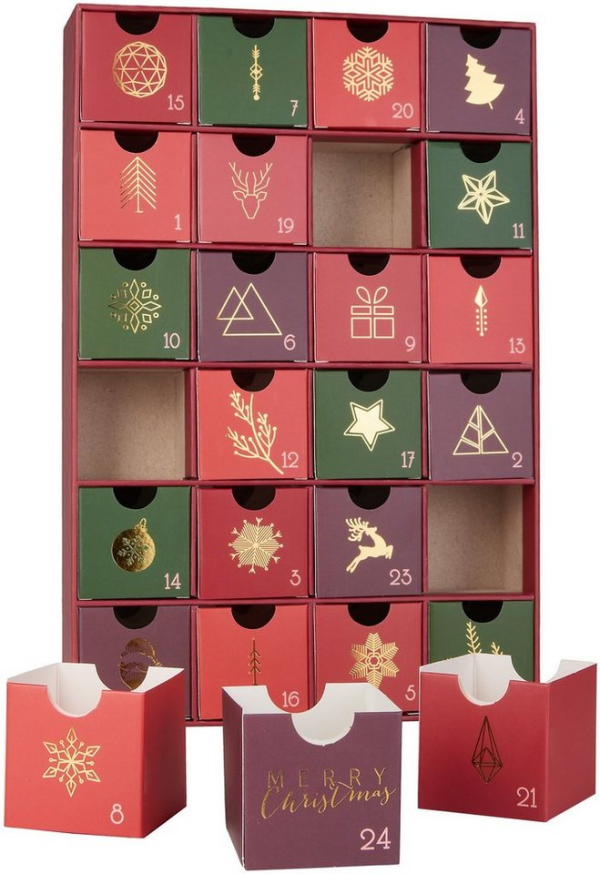 BRUBAKER befüllbarer Adventskalender DIY Weihnachtskalender mit 24 Türchen zum Befüllen – Rot Grün Gold (Traditionelles Weihnachten, 1-tlg), Kalender für Gutscheine Süßigkeiten…