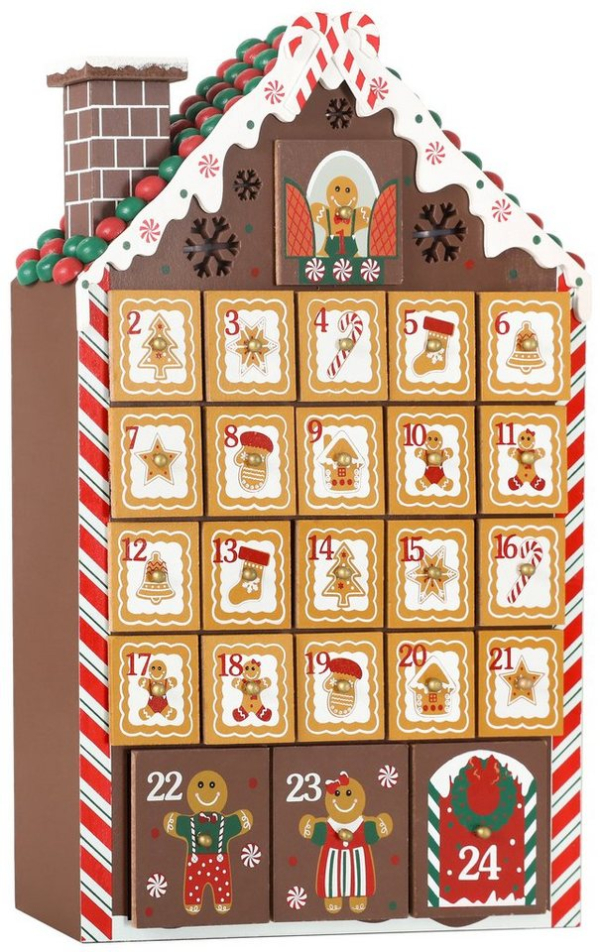 BRUBAKER befüllbarer Adventskalender Weihnachtskalender zum Befüllen – Lebkuchenhaus mit LED-Beleuchtung, Holz Kalender Weihnachten – 26,2 x 45 x 5,5 cm