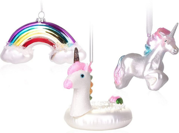BRUBAKER Christbaumschmuck »3-teiliges Baumkugel Set Einhörner« (3-tlg), Handbemalte Weihnachtskugeln Einhorn, Schwimmring und Regenbogen -…