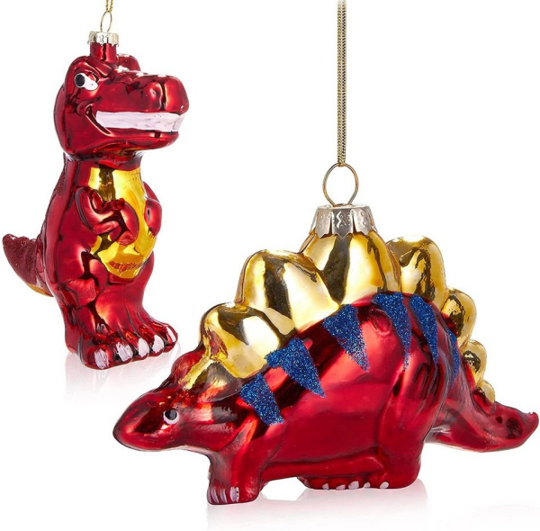 BRUBAKER Christbaumschmuck »Baumkugel Set Dinosaurier Rot« (2-tlg), Handbemalte Weihnachtskugeln T-Rex und Stegosaurus – Mundgeblasener…
