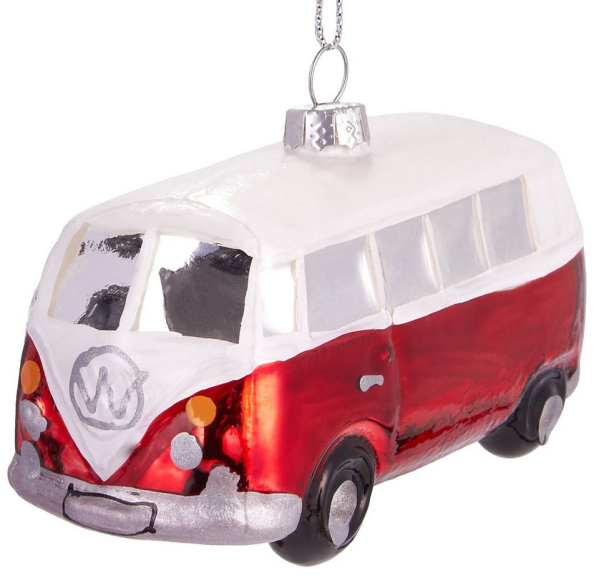 BRUBAKER Christbaumschmuck »Mundgeblasene Weihnachtskugel Retro Bus Rot Weiß«, nostalgische Weihnachtsdekoration aus Glas, handbemalt, lustige Auto…