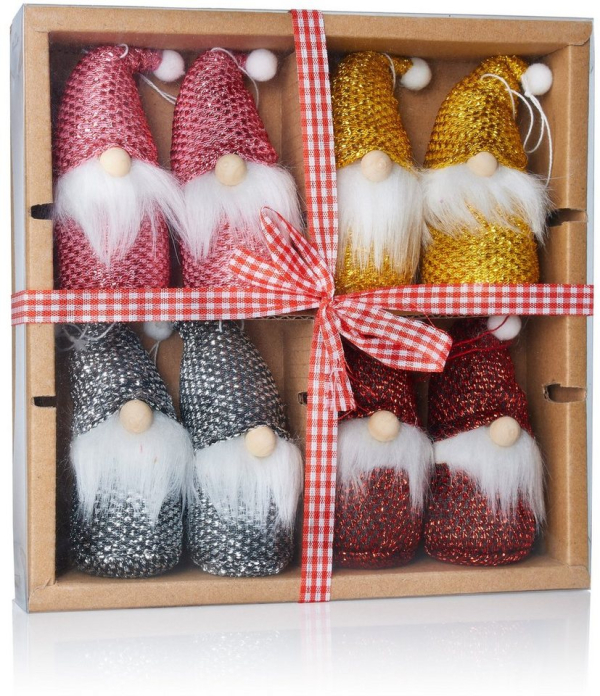 BRUBAKER Christbaumschmuck »Weihnachtszwerge Set, Gnome« (8-tlg), Weihnachtsanhänger aus Holz und Strick, 8 cm hoch, Baumanhänger in Geschenkbox,…