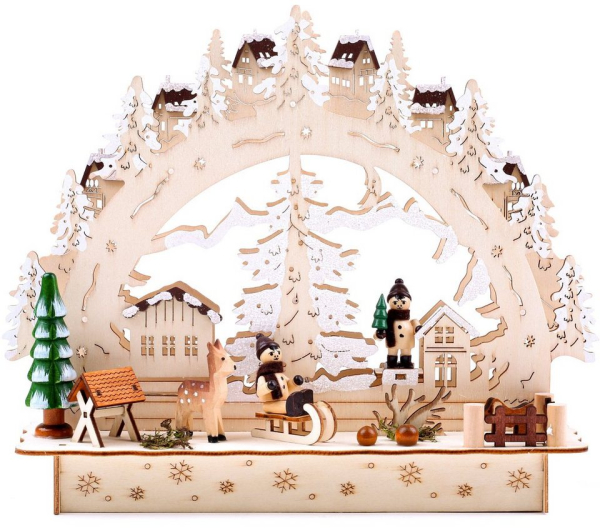BRUBAKER LED Lichterbogen »Schwibbogen – Winterlandschaft mit Dorf«, traditioneller Holzbogen mit 3D Szene, beleuchtet, handbemalt, 27,5 cm hoch
