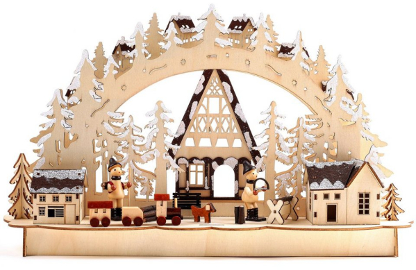 BRUBAKER LED Lichterbogen »Schwibbogen – Winterlandschaft mit Holzarbeitern«, traditioneller Holzbogen mit 3D Szene, beleuchtet, handbemalt, 26,8…