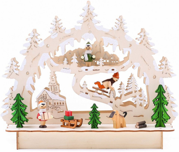 BRUBAKER LED Lichterbogen »Schwibbogen – Winterlandschaft mit Kirche«, traditioneller Holzbogen mit 3D Szene, beleuchtet, handbemalt, 24 cm hoch