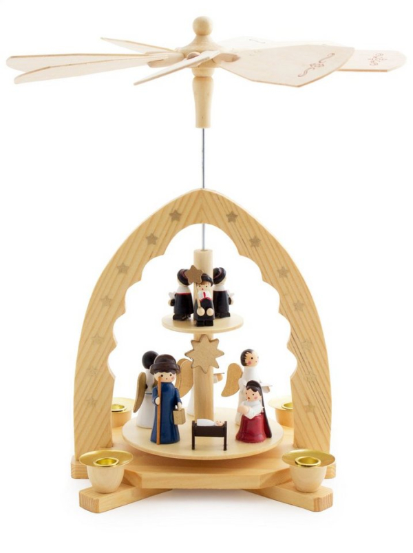 BRUBAKER Weihnachtspyramide »Holzpyramide Krippenszene und Sternsinger«, Tischpyramide aus Holz mit 2 Etagen, 30 cm hoch, handbemalte Figuren,…