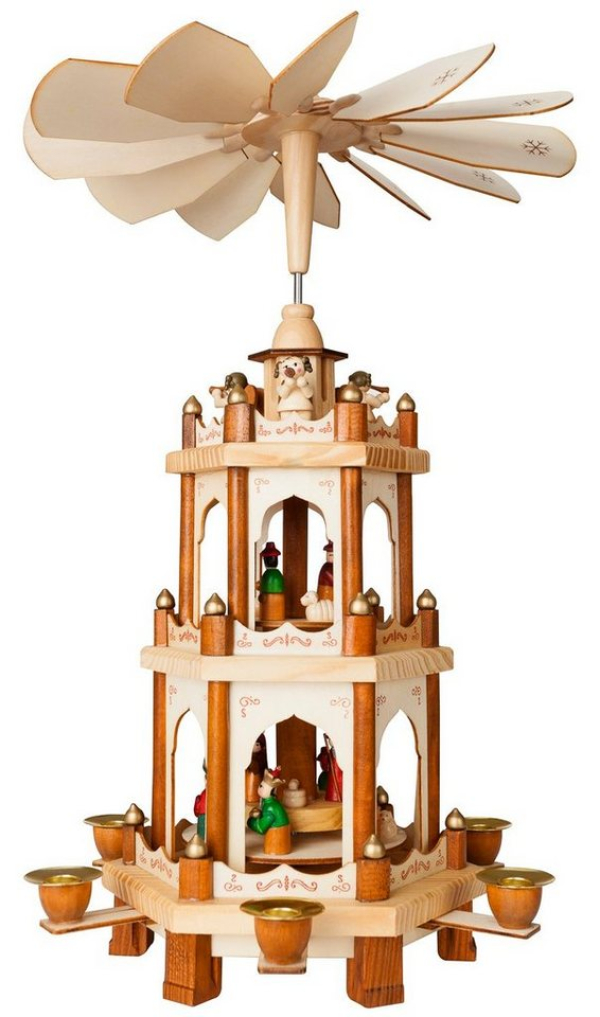 BRUBAKER Weihnachtspyramide »Naturfarbene Holzpyramide mit 3 Etagen«, Tischpyramide aus Holz, 45 cm hoch, handbemalte Figuren