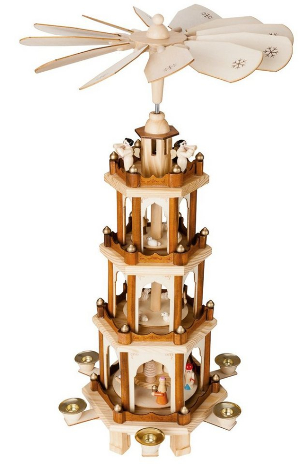 BRUBAKER Weihnachtspyramide »Naturfarbene Holzpyramide mit 4 Etagen«, Tischpyramide aus Holz, 60 cm hoch, handbemalte Figuren, Weihnachtsdeko…