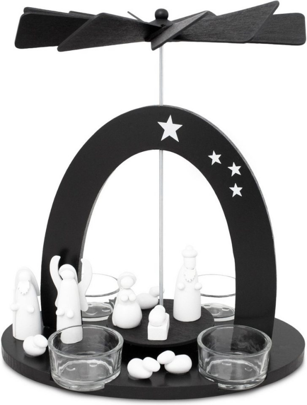 BRUBAKER Weihnachtspyramide »Teelicht Holzpyramide Maria, Josef und Jesus«, Schwarz-weiße Teelichtpyramide mit 4 Teelichthaltern aus Glas,…