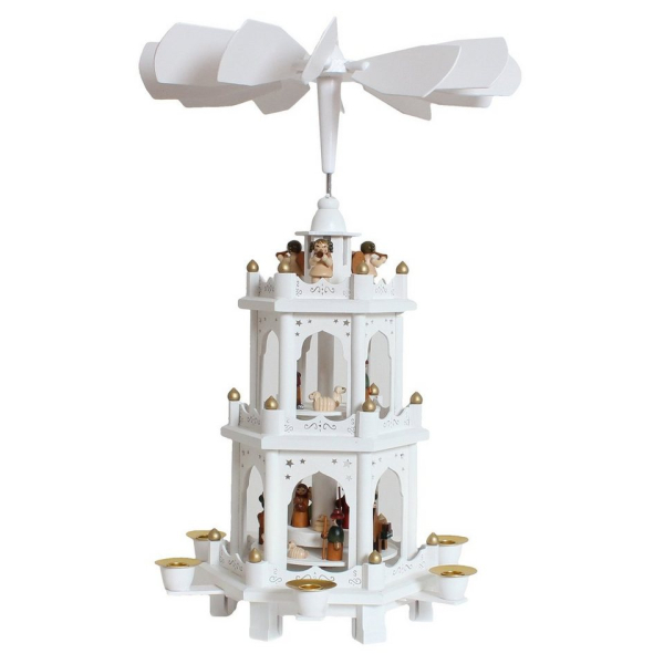 BRUBAKER Weihnachtspyramide »Weiße Holzpyramide mit 3 Etagen«, Tischpyramide aus Holz, 45 cm hoch, handbemalte Figuren