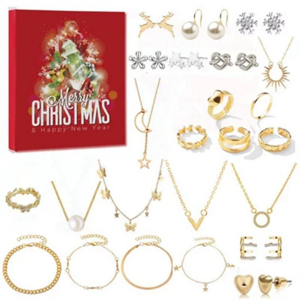 carefully selected Schmuck-Adventskalender 2023 Adventskalender Damen Halskette Ohrringe Blindbox (Set: 24 Stück)