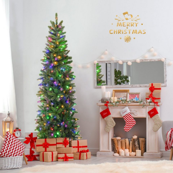 COSTWAY Künstlicher Weihnachtsbaum, 180cm LED Tannenbaum Bleistift, Christbaum mit 648 PVC & PE Nadeln und 270 LED, für Weihnachten, Grün