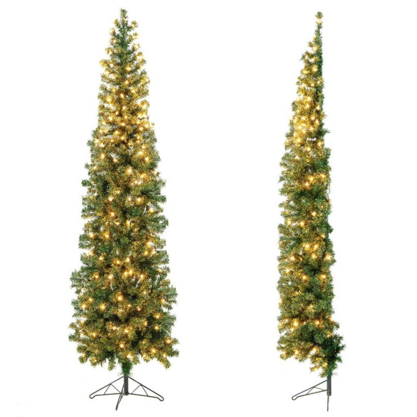 COSTWAY Künstlicher Weihnachtsbaum, 210cm Halber Tannenbaum, mit 450 PVC Zweigspitzen, 150 LED-Lichtern & Metallständer, Schnellaufbau,…