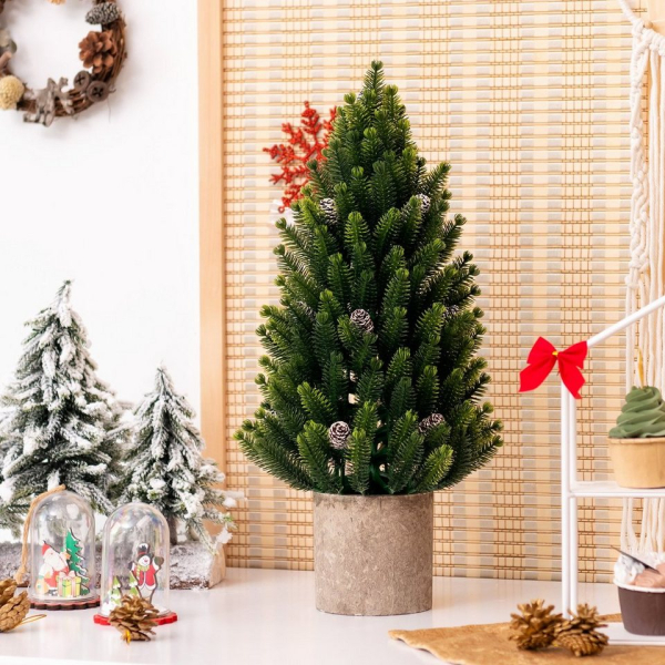 COSTWAY Künstlicher Weihnachtsbaum, 47cm hoch Tisch Weihnachtsbaummit 170 Zweigen, 14 Tannenzapfen & Sockel, Mini Tannenbaum Grün