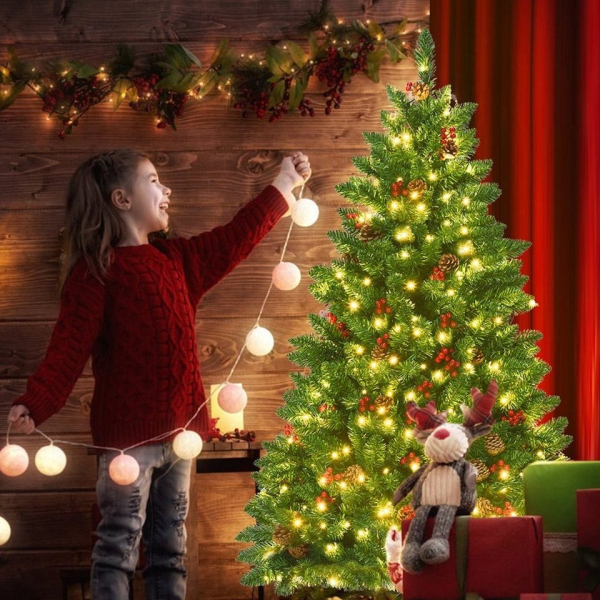 COSTWAY Künstlicher Weihnachtsbaum »LED Tannenbaum, Christbaum«, 135 cm, PVC Nadeln, mit warmweißer LED-Lichterkette, inkl. Metallständer, Grün