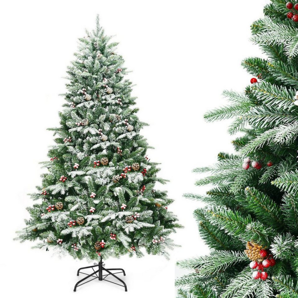 COSTWAY Künstlicher Weihnachtsbaum »schneebedeckter Tannenbaum«, 195cm, mit 673 Spitzen PVC &PE Nadeln, Kiefernzapfen und roten Beeren, inkl….