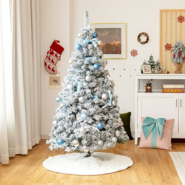 COSTWAY Künstlicher Weihnachtsbaum »Tannenbaum«, 150cm, 522 Spitzen PVC Nadeln, mit Schnee, 55 warmweißen LED-Leuchten, 43 Kugeln und 12 Schleifen,…