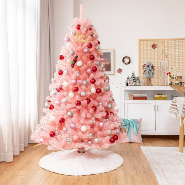 COSTWAY Künstlicher Weihnachtsbaum »Tannenbaum«, 180cm, mit 1036 Zweigen & klappbarem Metallständer & rosa Ornamenten, Rosa