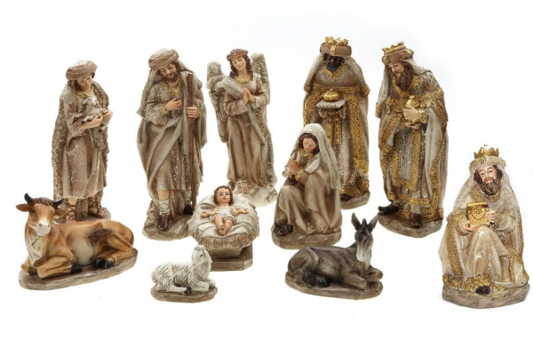 Creation Gross Krippenfigur »Krippenfiguren Set 11teilig mit Glitzer in Beige Braun aus Polyresin, H.: ca. 20cm Weihnachtskrippe Figuren…