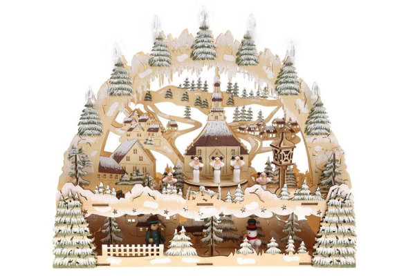Creation Gross LED Lichterbogen »Schwibbogen Lichterbogen Holzschnitt, Winterdorf, zweistöckig 44,5*9,5*38cm, batteriebetrieben, Timer Funktion (6h…