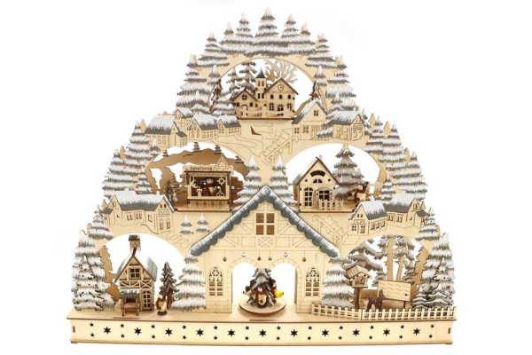 Creation Gross LED Lichterbogen »Schwibbogen Lichterbogen Holzschnitt, stilvolles Winterdorf mit Glitzer, drehende Kinder, 60*9*50cm, dreistöckig,…