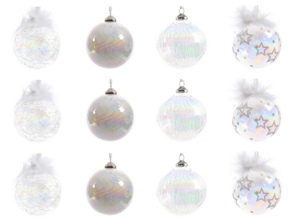 Decoris season decorations Christbaumschmuck, Weihnachtskugeln Glas mit Motiv 8cm klar / weiß / irisierend, 12er Set