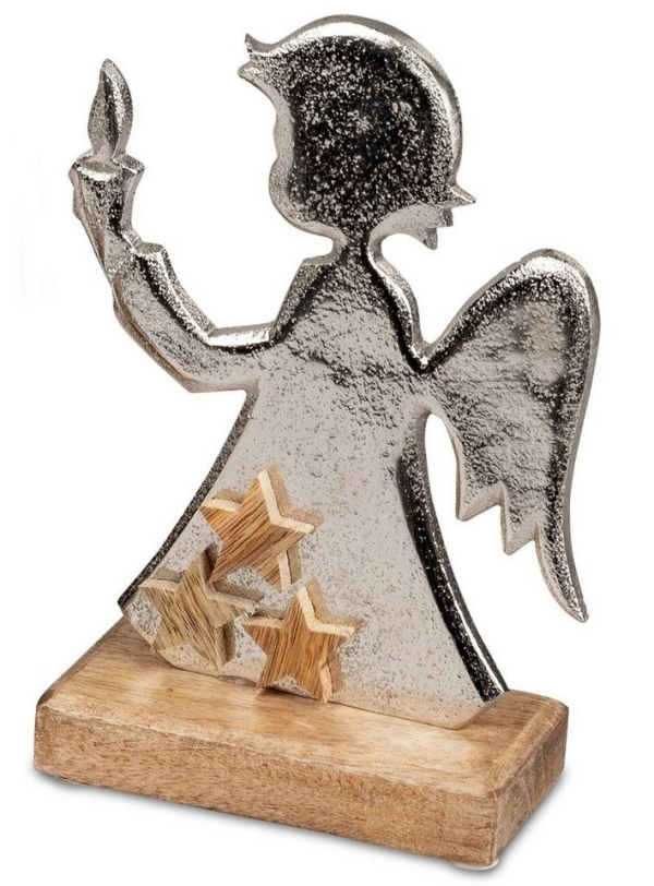 dekojohnson Engelfigur »Deko-Engel auf Holz-Sockel Aluminium 15x20cm« (kein Set, kein Set)