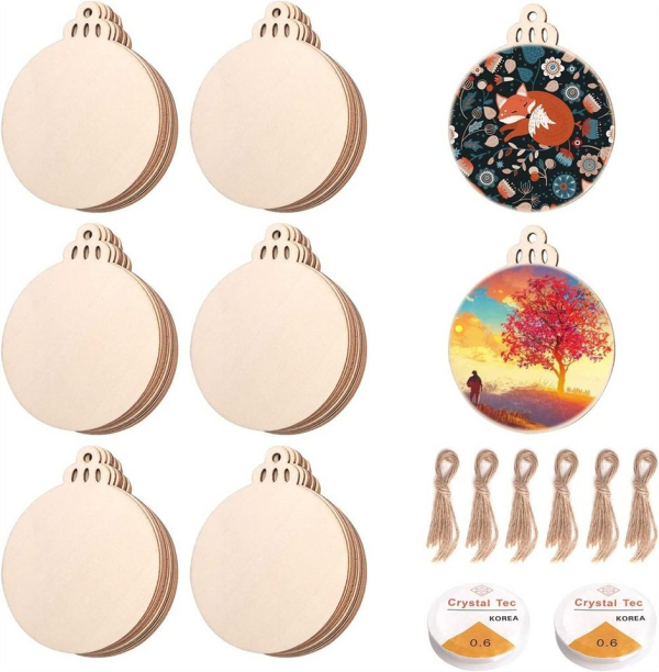 DESI-LEB Christbaumschmuck »Holz Weihnachtskugeln, 60 Stück Holz Runde Weihnachtsschmuck, Holz Runde Scheiben mit Juteschnur und 2 Rollen Nylon…