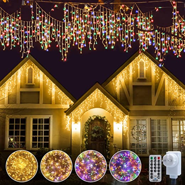 Eisregen Lichterkette Außen, Ollny 7.5m 51Saiten 306LEDs Weihnachtsbeleuchtung außen Eiszapfen Lichterkette Warmweiß Bunt, Lichterkette Weihnachten…