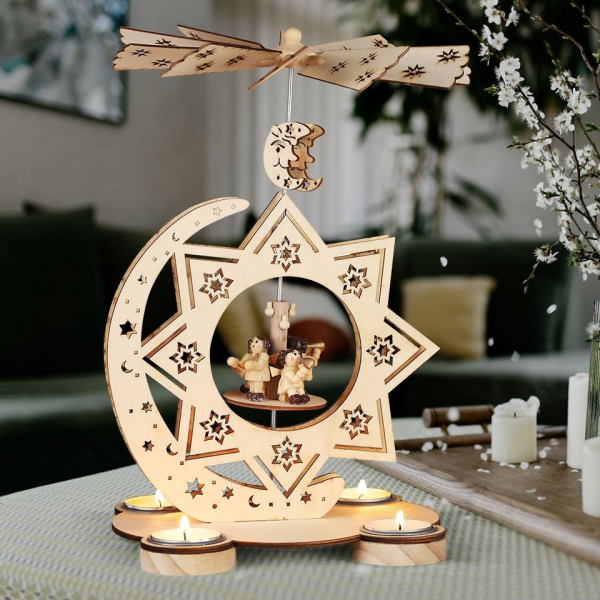etc-shop LED Dekolicht, Holzpyramide Weihnachtspyramide Teelichter Esstisch Pyramide mit Kerzenhalter mit Flügelrad und Figuren, Holz natur braun,…