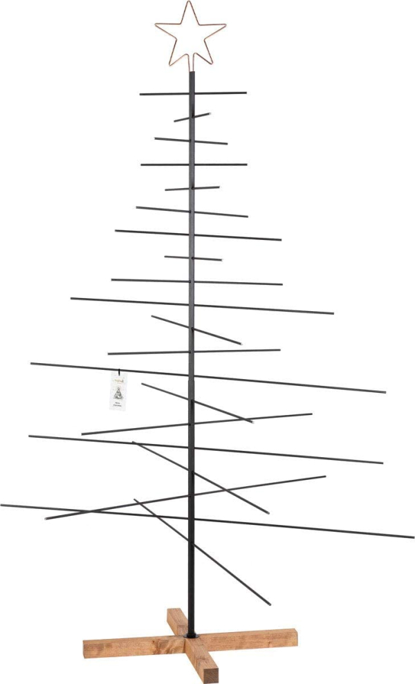 FairyTrees Metall Weihnachtsbaum, Metalltanne schwarz, inkl. Holzständer, 180 cm, FT-30