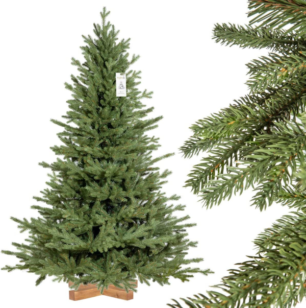 FAIRYTREES Weihnachtsbaum künstlich BAYERISCHE Tanne Premium, Material Mix aus Spritzguss & PVC, inkl. Holzständer, 150cm, FT23-150
