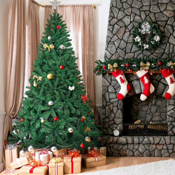 Flieks Künstlicher Weihnachtsbaum »Merry Christmas«, Tannenbaum, 228cm Weihnachten Christbaum Kunstbaum mit 350 LED-Lichtern und 1250 PVC-Spitze, Grün
