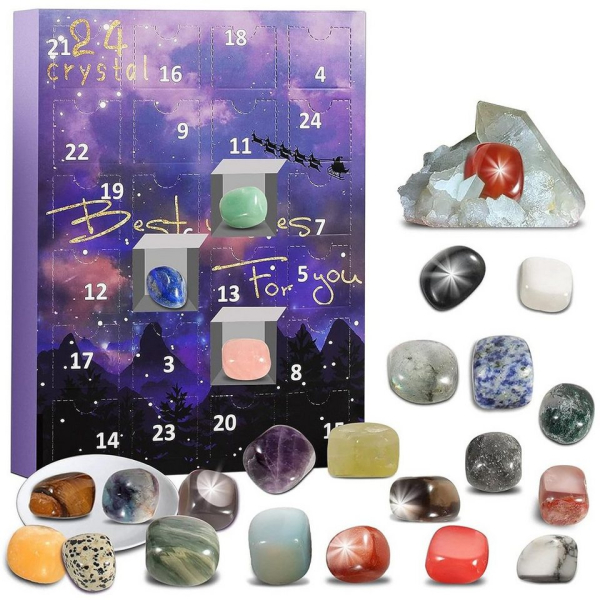 flowgoer Adventskalender Adventskalender 2023 rockt (1-tlg), 24 Tage Naturkristall-Achatstein-Mineralien und Fossilien