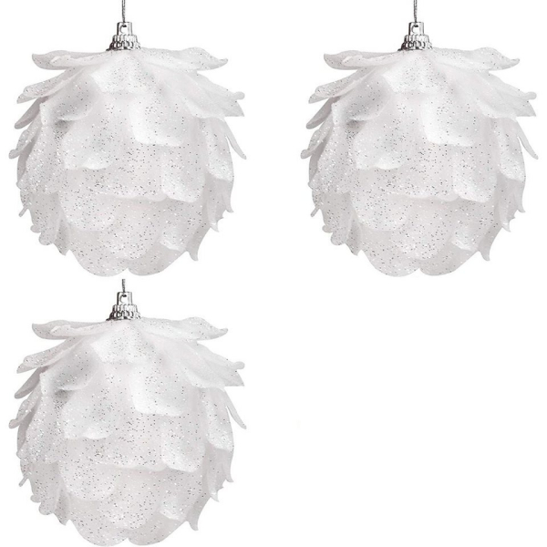 Fortunesn Christbaumschmuck »Weihnachtsdeko (3er Pack) – 8cm Weiße Glitzer Pinienzapfen Weihnachtskugeln mit Faden Plastik – Pinienzapfen zum…