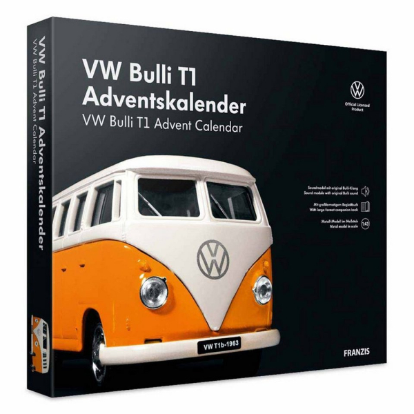 Franzis Adventskalender VW Bulli T1, Orange, Modellbausatz, Maßstab 1:43, aus Metall, mit Sound