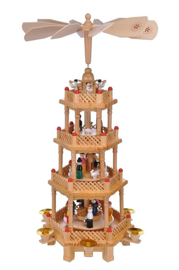 GartenHero Weihnachtspyramide »Weihnachtspyramide 52 cm Holz 4 Ebenen 6 Kerzen Holzpyramide Weihnachten Krippe«, Handbemalt