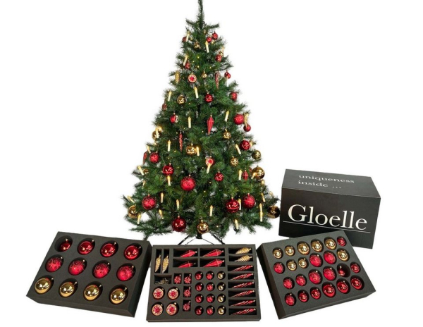 Gloelle Weihnachtsbaumkugel »Golden Merlot – 70-teilige Gloelle Box« (70 St), mundgeblasene & handbemalte Christbaumkugeln aus Glas