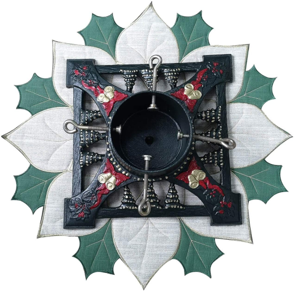Halo Weihnachtsbaumbasis, Eisen, groß – Weihnachtsbaumständer solide Halterung für lebende Weihnachtsbäume Dunkelgrüne + bestickte Baumständermatte
