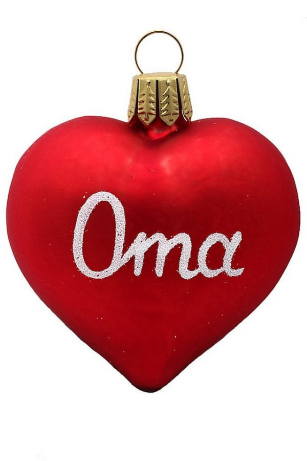 Hamburger Weihnachtskontor Christbaumschmuck »Geschenkanhänger Herz Oma rot«, Dekohänger – mundgeblasen – handdekoriert