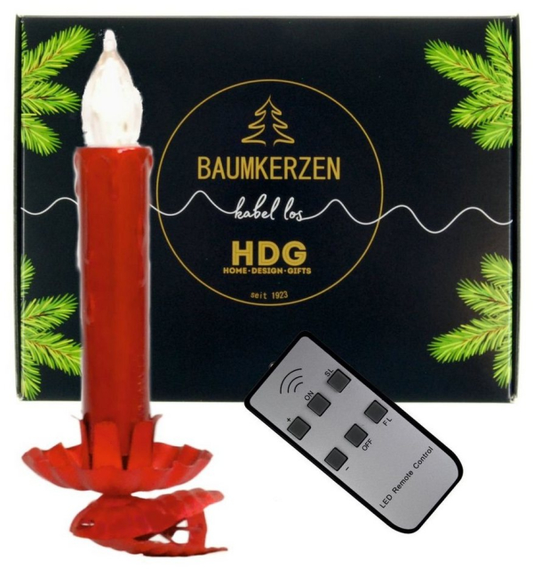 hdg LED-Christbaumkerzen »rot mit Fernbedienung Ø 15 mm«, inkl. 8 roten Baumkerzenhaltern in Zapfenform made in Germany