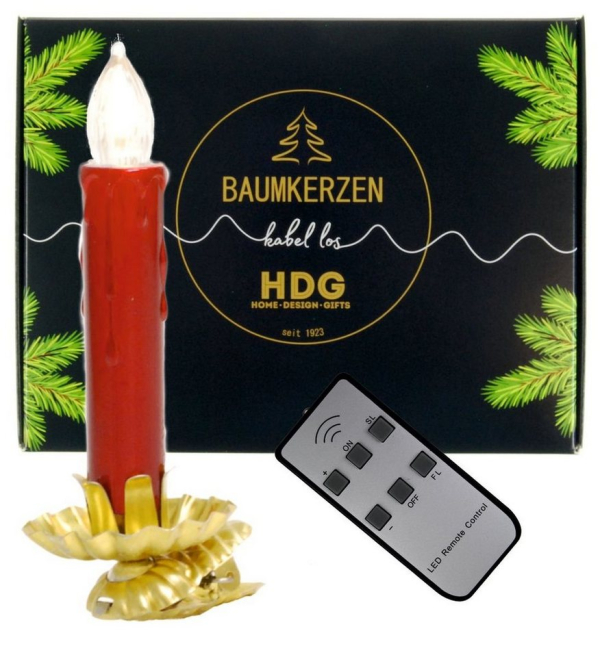 hdg LED-Christbaumkerzen »weiß mit Fernbedienung Ø 15 mm«, inkl. 8 goldenen Baumkerzenhaltern in Zapfenform made in Germany