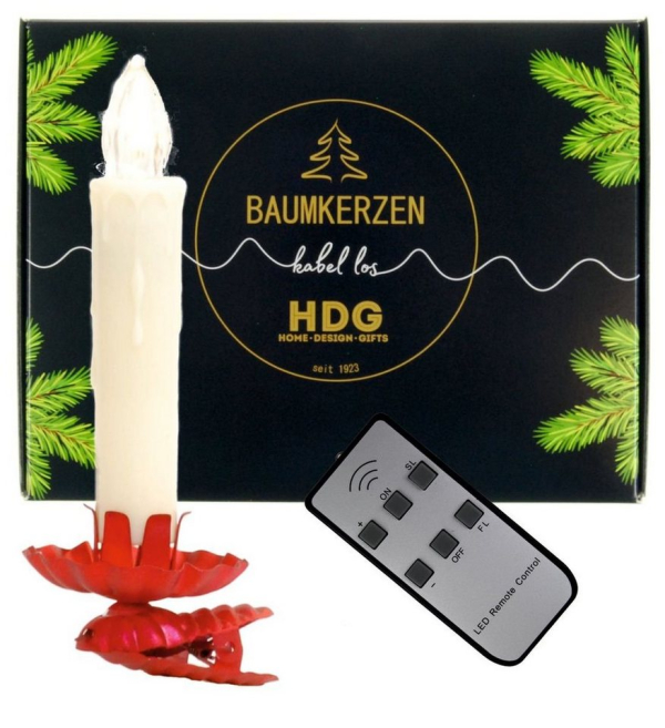 hdg LED-Christbaumkerzen »weiß mit Fernbedienung Ø 15 mm«, inkl. 8 roten Baumkerzenhaltern in Zapfenform made in Germany