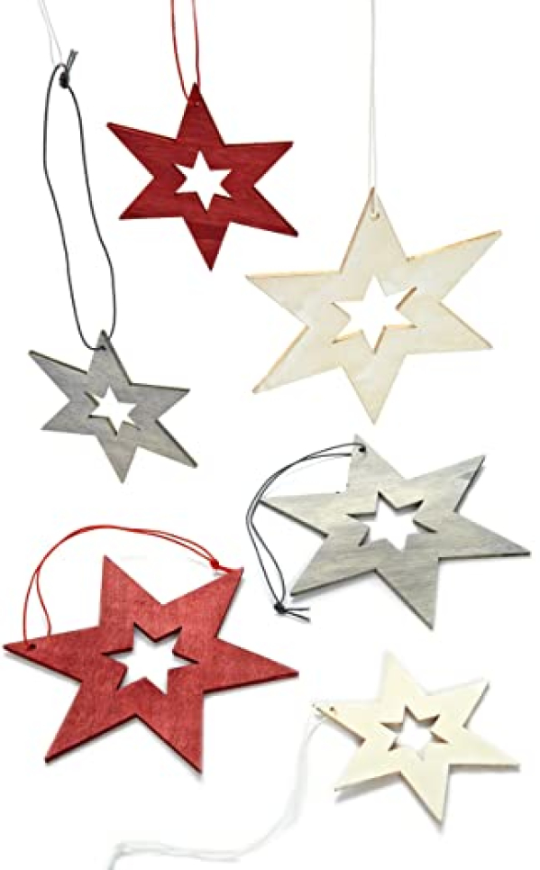 HEITMANN DECO Christbaumschmuck aus Holz – Sterne zum Aufhängen – Weihnachtsbaumschmuck Weihnachtsdeko – 24-teilig Rot, Grau, Natur