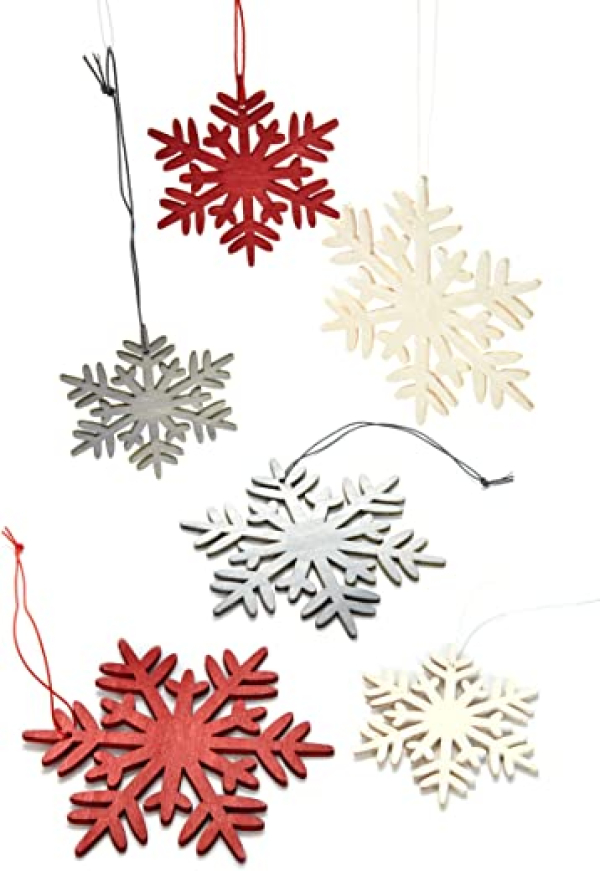 HEITMANN DECO Weihnachtsdeko aus Holz – Schneeflocken zum Aufhängen – Weihnachtsbaum Deko Weihnachtsdekoration – 24-TLG. Rot, Grau, Natur