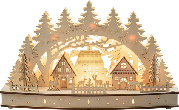 HGD Holz-Glas-Design LED Lichterbogen »3D-Lichterbogen Rehe vor dem Dorf für Batteriebetrieb mit Timer«, Maße ca. 44 x 12 x 26,5 cm