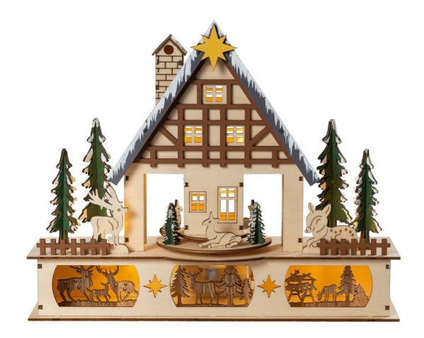HGD Holz-Glas-Design Weihnachtshaus »Waldhaus mit bewegten Figuren und beleuchtetem Unterbau«, Maße ca. 30 x 10 x 25 cm