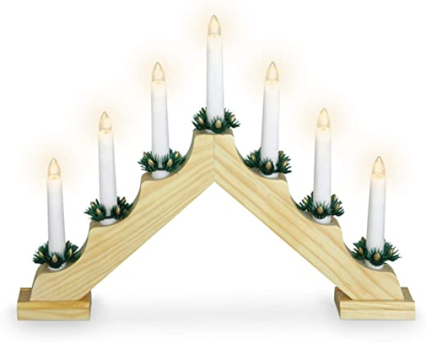 Holz Schwibbogen mit 7 LED Kerzen und Timer – 39,5 x 31 cm – Batterie Adventsleuchter Lichterbogen Kerzenbrücke Fenster Deko